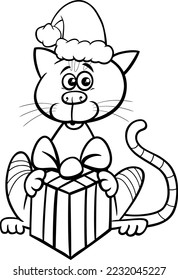 Black and white cartoon illustration of cat or kitten animal character with gift on Christmas time coloring page