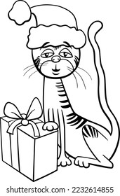 Black and white cartoon illustration of cat or kitten animal character with present on Christmas time coloring page