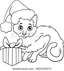 Black and white cartoon illustration of cat character with present on Christmas time coloring page