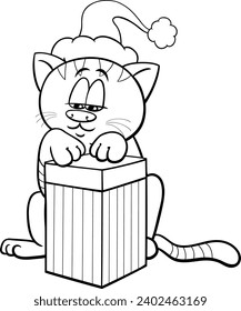 Black and white cartoon illustration of cat character with gift on Christmas time coloring page