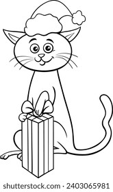 Black and white cartoon illustration of cat character with present on Christmas time coloring page