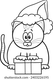 Black and white cartoon illustration of cat character with present on Christmas time coloring page