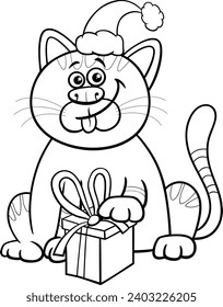 Black and white cartoon illustration of cat character with gift on Christmas time coloring page