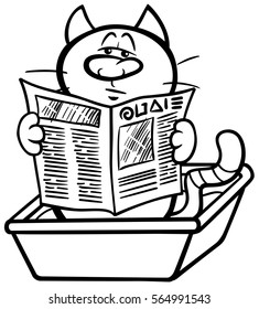 Black and White Cartoon Illustration of Cat Reading a Newspaper in his Litter Box Coloring Page