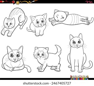 Black and white cartoon illustration of cats and kittens comic animal characters set coloring page