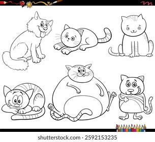 Black and white cartoon illustration of cats and kittens comic animal characters set coloring page