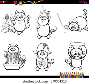 Black and White Cartoon Illustration Cats Animal Characters Humorous Set Coloring Page