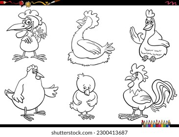 Black and white cartoon illustration of chicken birds farm animal characters set coloring page