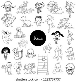 Black and White Cartoon Illustration of Children and Babies Characters Large Set