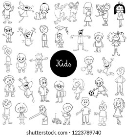 Black and White Cartoon Illustration of Children and Teenagers Characters Large Set