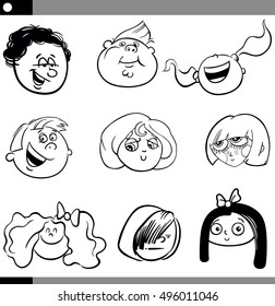 Black and White Cartoon Illustration of Children Faces Set