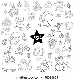 Black and White Cartoon Illustration of Christmas Design Elements Set