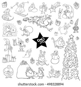 Black and White Cartoon Illustration of Christmas Themes and Design Elements Set