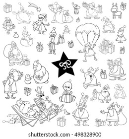 Black and White Cartoon Illustration of Christmas Characters and Design Elements Set