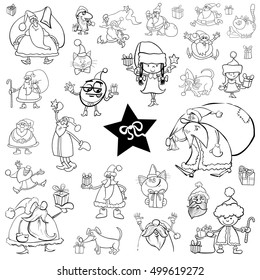 Black and White Cartoon Illustration of Christmas Characters and Themes Clip Arts Set