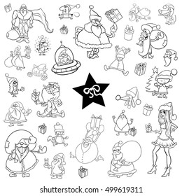 Black and White Cartoon Illustration of Christmas Characters and Design Elements Clip Arts Set