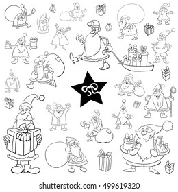 Black and White Cartoon Illustration of Christmas Characters and Objects Clip Arts Set