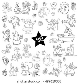 Black and White Cartoon Illustration of Christmas Themes and Characters Clip Arts Set