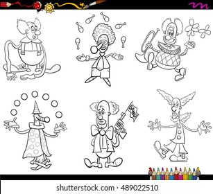 Black and White Cartoon Illustration of Circus Clown Characters Set Coloring Book