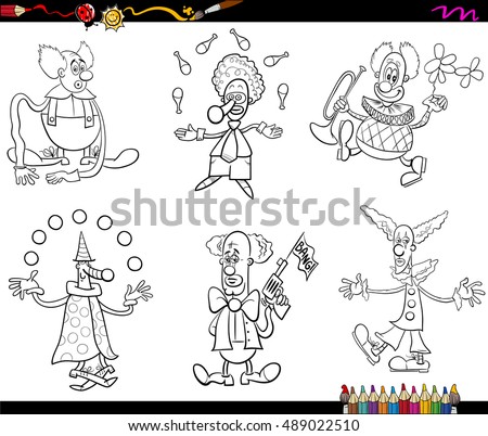 Black and White Cartoon Illustration of Circus Clown Characters Set Coloring Book