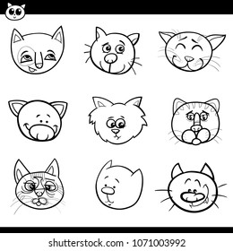 Black and White Cartoon Illustration of Comic Cats and Kittens Heads Set