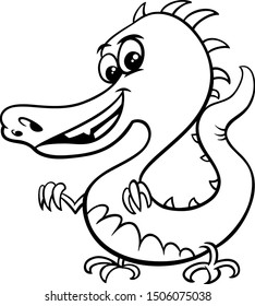 Black and White Cartoon Illustration of Comic Dragon Fantasy Fictional Animal Character Coloring Book Page
