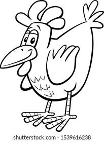 Black and White Cartoon Illustration of Comic Hen or Chicken Farm Bird Animal Character Coloring Book Page