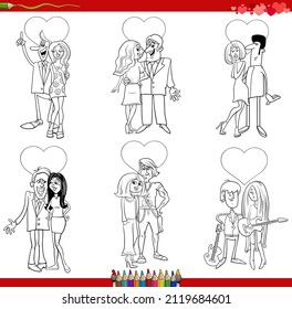 Dibujo de caricaturas en blanco y negro sobre parejas de historietas enamoradas en un conjunto de historietas de San Valentín
