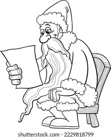 Black and white cartoon illustration of comic Santa Claus character reading a letter on Christmas time coloring page