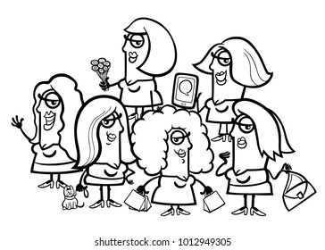 Black and White Cartoon Illustration of Comics Women People Characters Group Coloring Book