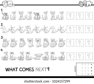 Black and White Cartoon Illustration of Completing the Pattern Educational Game for Preschool Children with Pets Animal Characters Coloring Book