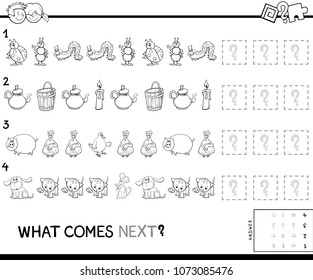 Black and White Cartoon Illustration of Completing the Pattern Educational Game for Preschool Children with Animals and Objects Coloring Book