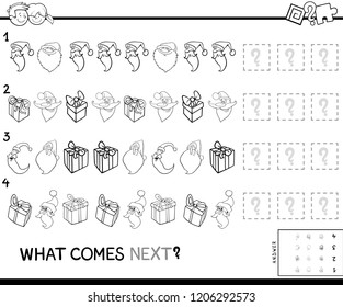 Black and White Cartoon Illustration of Completing the Pattern Educational Game for Children with Christmas Characters Color Book