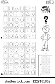 Black and White Cartoon Illustration of Completing the Pattern in the Rows Educational Task for Children Color Book