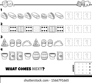Black and White Cartoon Illustration of Completing the Pattern Educational Game for Kids with Food and Objects Coloring Book Page