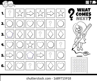 Black and White Cartoon Illustration of Completing the Pattern in the Rows Educational Task for Elementary Age or Preschool Children Coloring Book Page