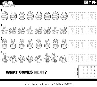 Black and White Cartoon Illustration of Completing the Pattern Educational Game for Children with Easter Holiday Characters Coloring Book Page