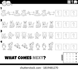 Black and White Cartoon Illustration of Completing the Pattern Educational Game for Children with Funny Animal Characters Coloring Book Page