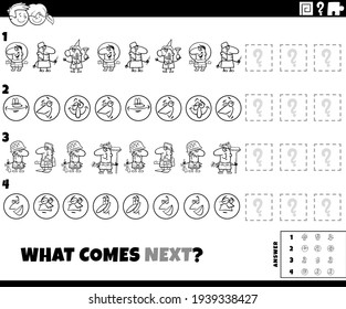 Black and white cartoon illustration of completing the pattern educational game for children with comic characters coloring book page