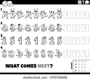 Black and white cartoon illustration of completing the pattern educational game for children with comic people and letters characters coloring book page