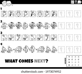 Black and white cartoon illustration of completing the pattern educational task for children with comic characters coloring book page