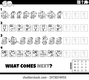 Black and white cartoon illustration of completing the pattern educational game for children with comic characters coloring book page