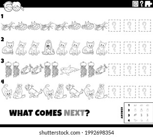 Black and white cartoon illustration of completing the pattern educational game for children with comic animals characters coloring book page