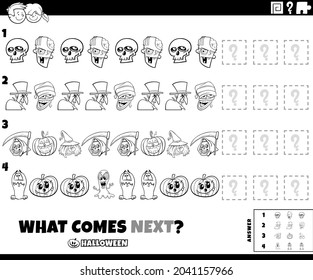 Black and white cartoon illustration of completing the pattern educational game for children with spooky Halloween characters coloring book page
