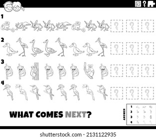 Black and white cartoon illustration of completing the pattern educational task for children with animal characters coloring book page