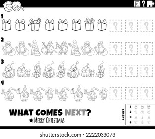 Black and white cartoon illustration of completing the pattern educational game for children with Christmas holiday characters coloring page