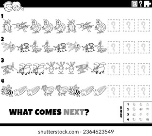 Black and white cartoon illustration of completing the pattern educational task for children with insects animal characters coloring page