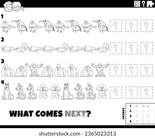 Black and white cartoon illustration of completing the pattern educational activity for children with animal characters coloring page