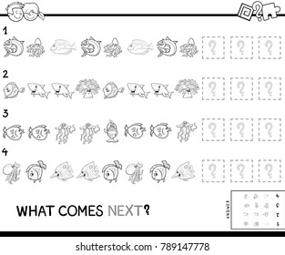 Black and White Cartoon Illustration of Completing the Pattern Educational Game for Preschool Children with Sea Life Animal Characters Coloring Book