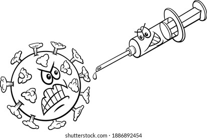 Black and white cartoon illustration of coronavirus and vaccine in a syringe coloring book page